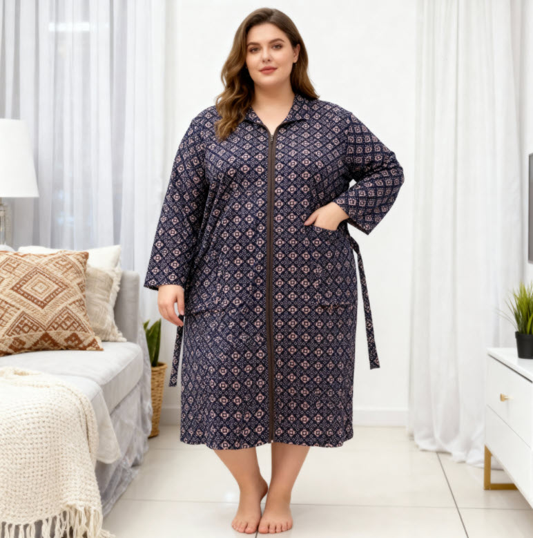 חלוק בית חורפי כותנה עם צוורון למידות גדולות